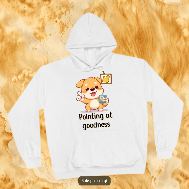Funny Dog Hoodie, a dog determinedly gesturing towards an item, showing strong enthusiasm and comfort.