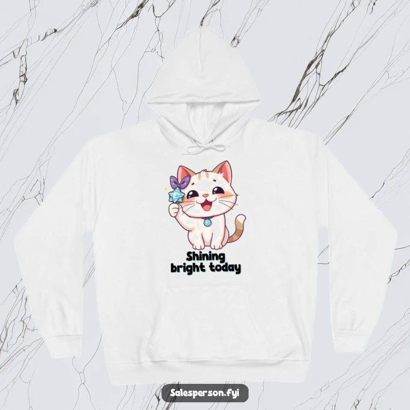 Funny cat hoodie depicting a delighted cat proudly displaying a sparkly accessory with a flourish. Cozy, stylish, and full of feline charm.