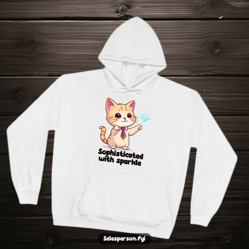 Funny hoodie depicting a cat wearing a tie and gesturing towards a diamond, perfect for cozy sophistication, a funny gift.