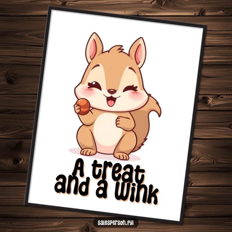 Free Printable Wall Art: A delighted squirrel winks, presenting a tiny, tempting nut treat with flair.