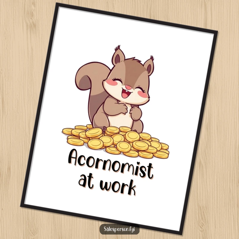 Funny Free Printable Wall Art: Giggling squirrel with glee, meticulously counting a massive pile of shiny coins.