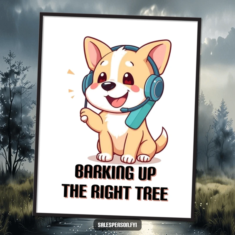 Funny Free Printable Wall Art: A dog wearing a headset chatters excitedly on the phone, creating humorous and charming downloadable decor, print at home.