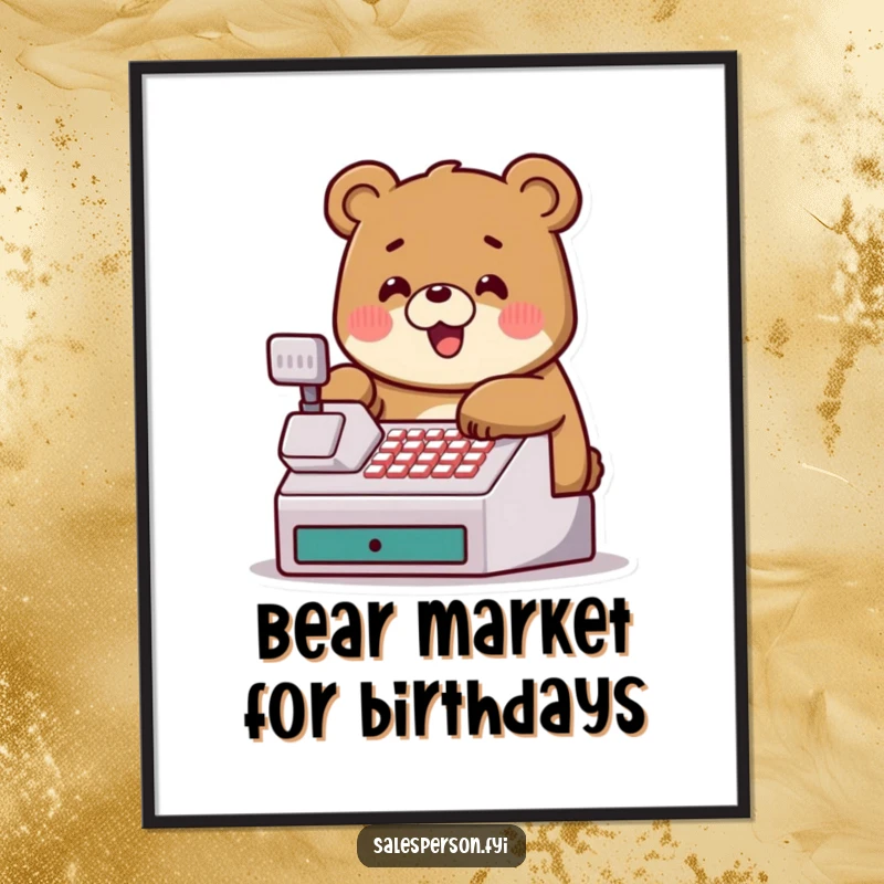 Funny Free Printable Wall Art: A jovial bear character tapping on a cash register, symbolizing prosperity and humor.