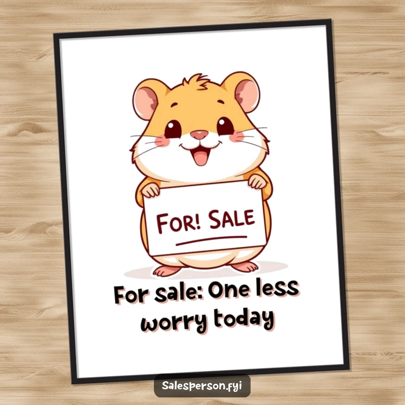 Funny Free Printable Wall Art of a cheerful hamster holding a 'For Sale' sign, a humorous downloadable decoration.