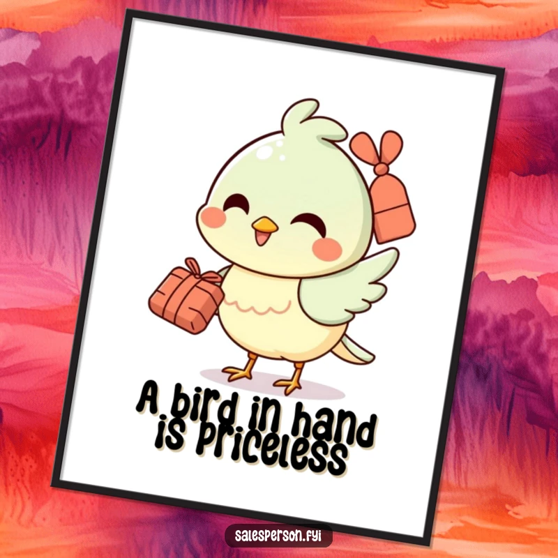 Funny Free Printable Wall Art: A cheerful bird character handing over a small bundle with a smile, creating a heartwarming scene.