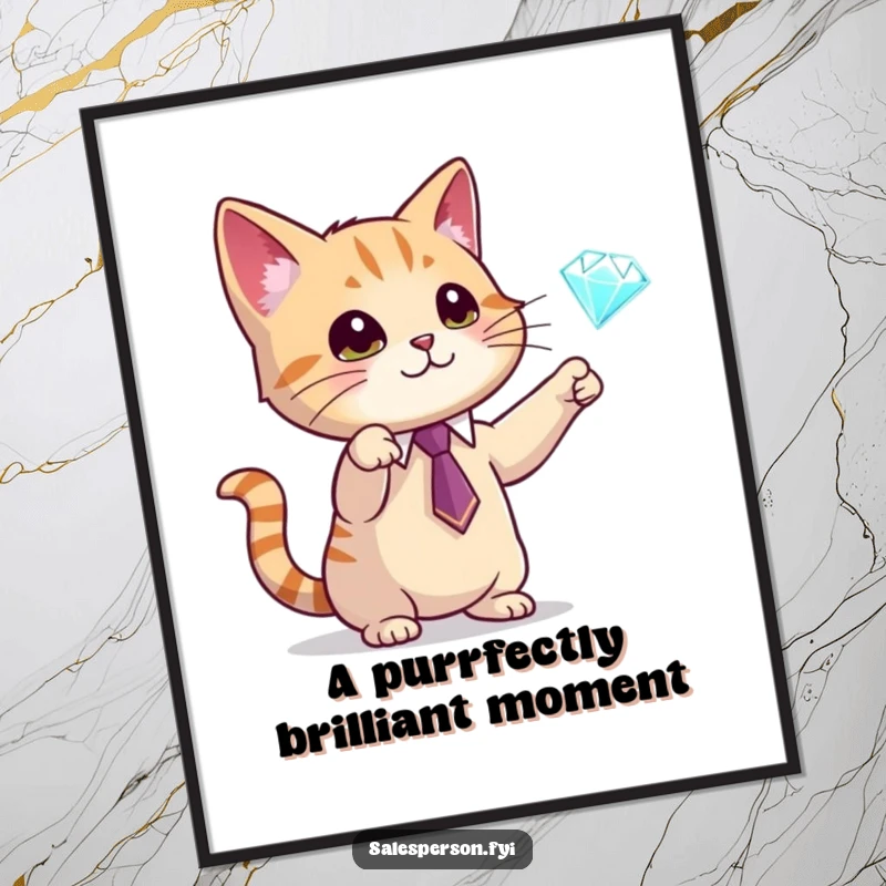 Funny Free Printable Wall Art: A distinguished cat in a tie gestures towards a brilliant diamond, adding sophisticated and humorous downloadable decor, print at home.