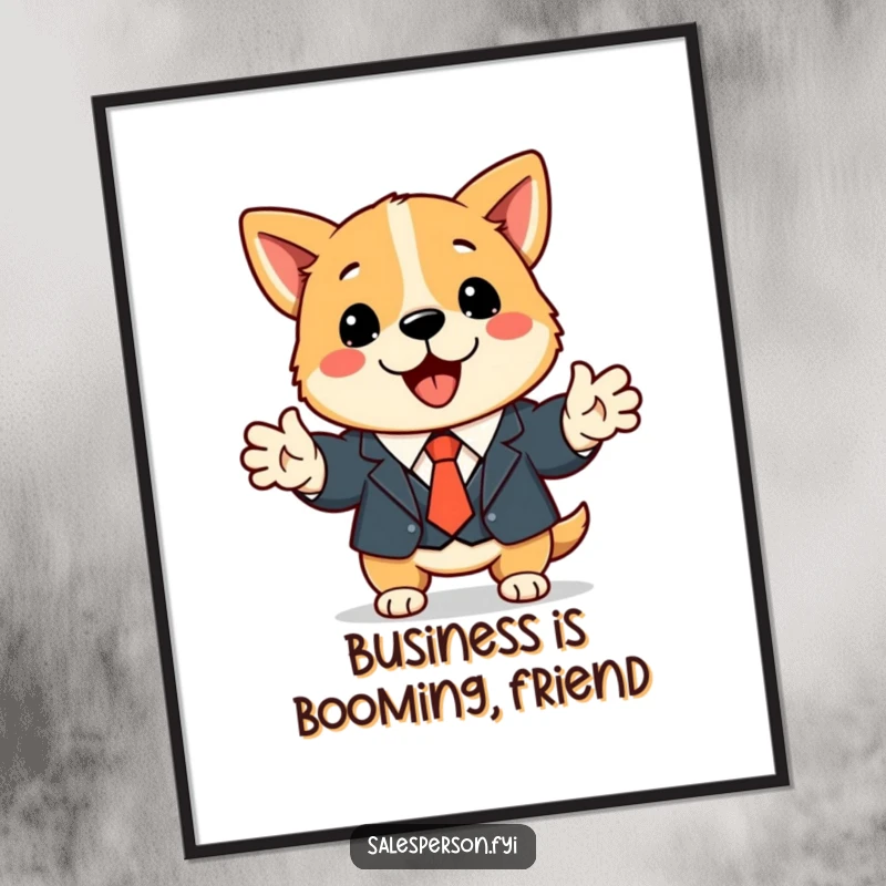 Funny Free Printable Wall Art: Cute dog wearing a suit and tie enthusiastically shakes hands.