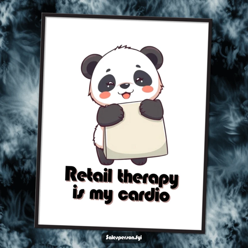 Funny Free Printable Wall Art: Playful panda beaming, clutching a giant shopping bag, exuding pure retail joy.