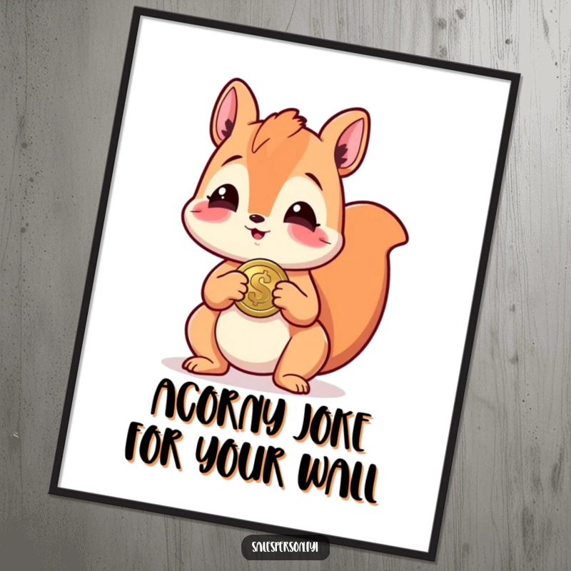 Funny free printable wall art: A happy giggling squirrel extends a shiny coin, creating a humorous and welcoming atmosphere.