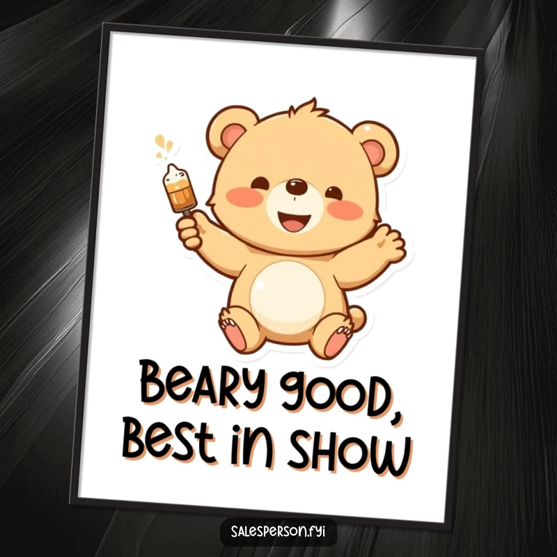 Free Printable Wall Art: A happy bear cub enthusiastically demonstrating a product with a big, impressive flourish.