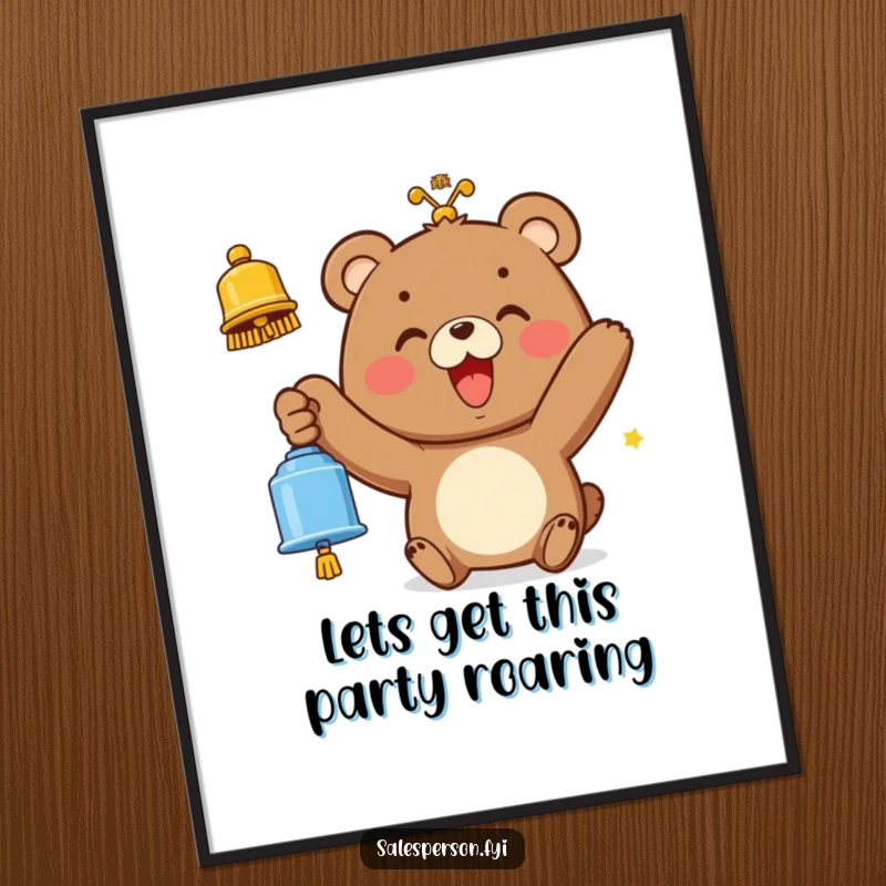Funny free printable wall art: A smiling bear character rings a bell enthusiastically, spreading joy and cheer.