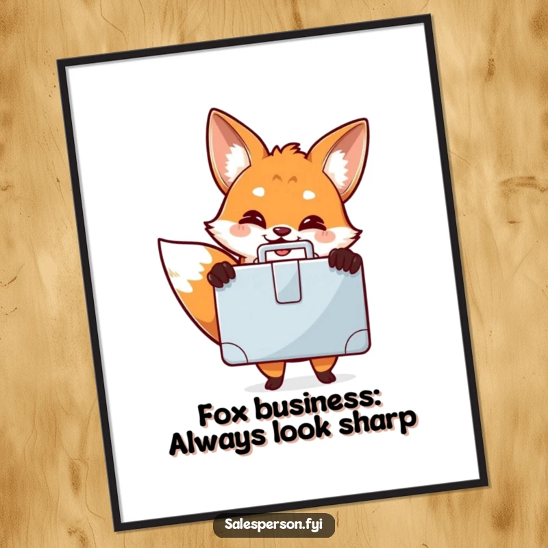 Funny Free Printable Wall Art: A cheerful fox with a wide smile presents a polished, shiny briefcase.