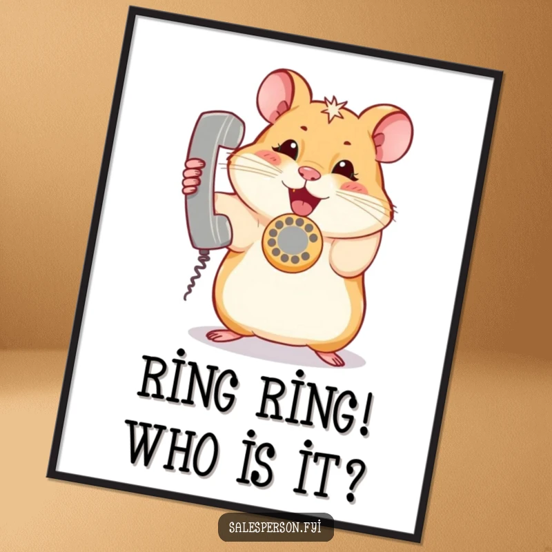 Funny free printable wall art: A curious hamster holding a ringing telephone, a comical scene for your home decor.