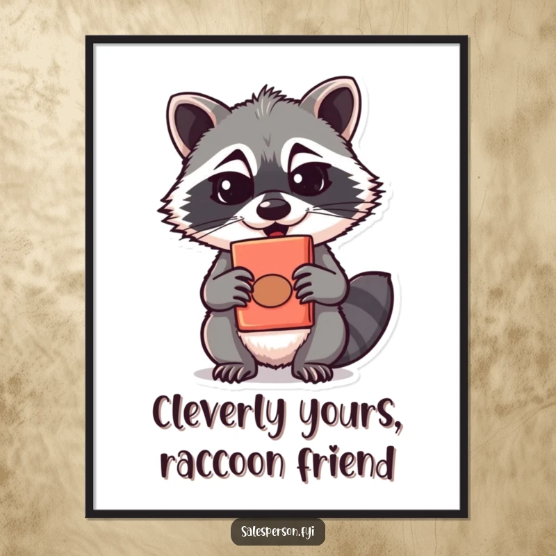 Funny Free Printable Wall Art: A mischievous raccoon offers a strange, cleverly disguised product with a sly, knowing grin.