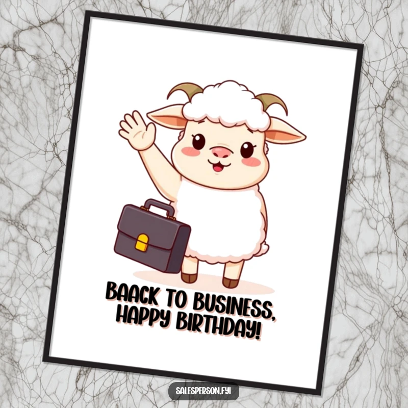 Funny free printable wall art: A sheep in business attire, complete with a briefcase, waves enthusiastically.