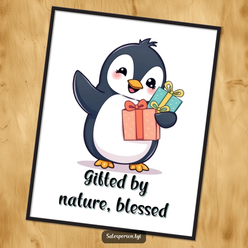 Funny Free Printable Wall Art: A cheerful penguin offers a neatly wrapped gift with a knowing twinkle in its eye.