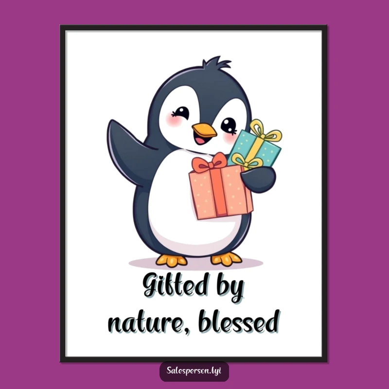 Funny Free Printable Wall Art: Penguin's Gifted Joy, Quirky Downloadable Decor