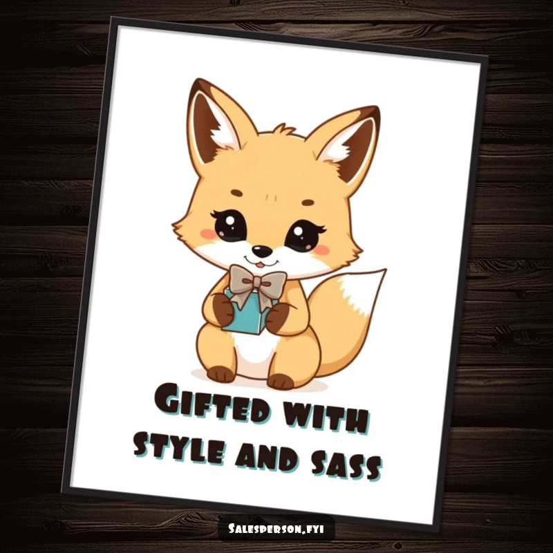 Funny Free Printable Wall Art of a fox in a bowtie presenting a small gift, a chic downloadable decoration.