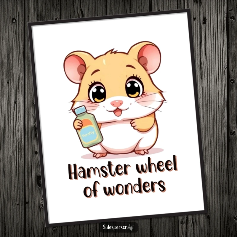 Funny free printable wall art of a curious hamster wide-eyed, enthusiastically demonstrating a product, adding a humorous and engaging touch.