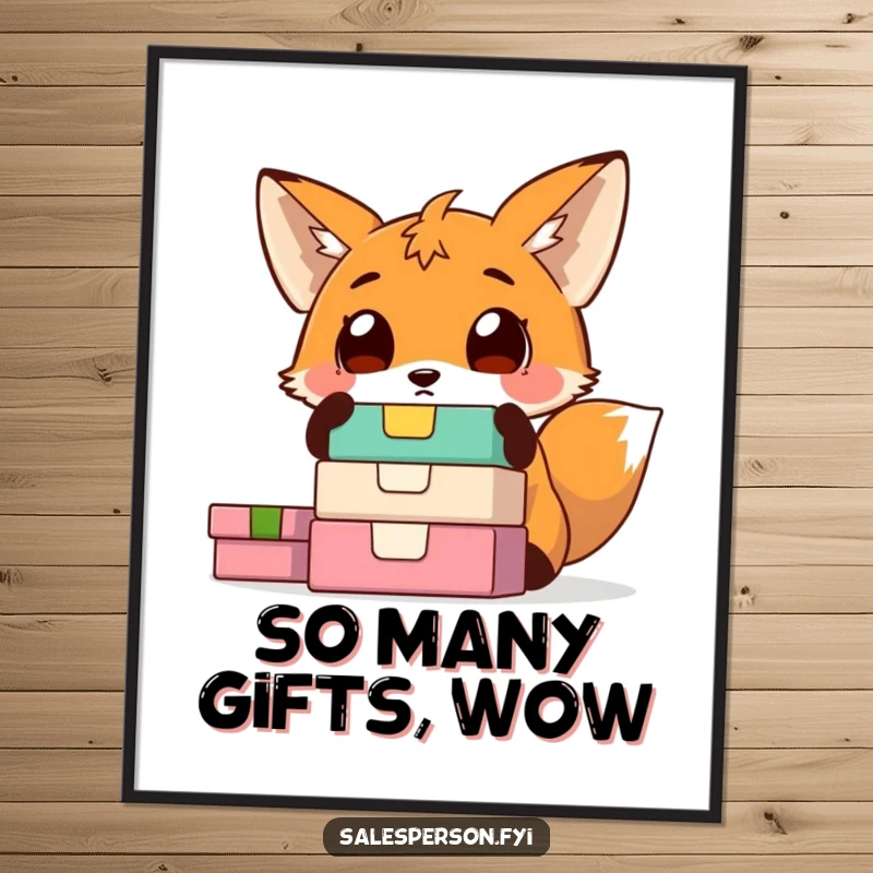 Funny Free Printable Wall Art: A fox with wide eyes, discovering a stack of colorful, intriguing boxes with amazement.