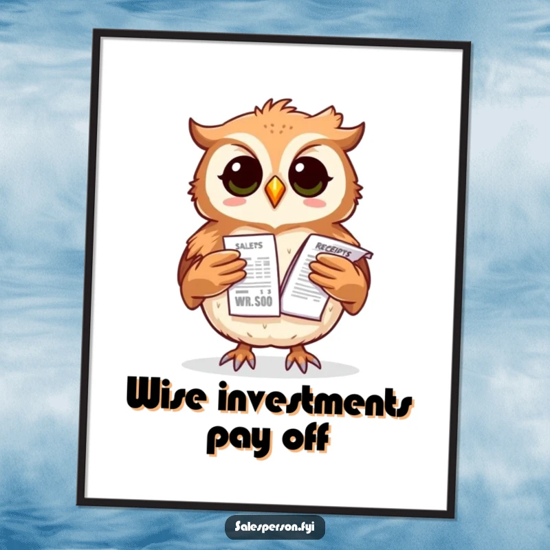 Funny free printable wall art: A proud owl balancing a stack of sales receipts, exuding quirky financial wisdom.