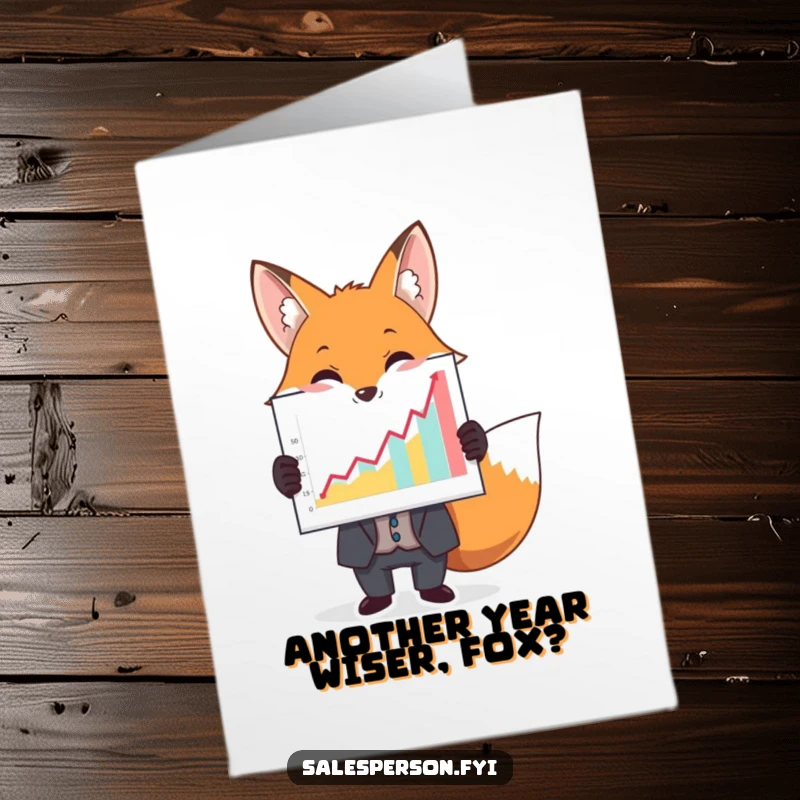 Funny free printable birthday card: A fox in a suit proudly holds up a large, colorful graph showing growth.
