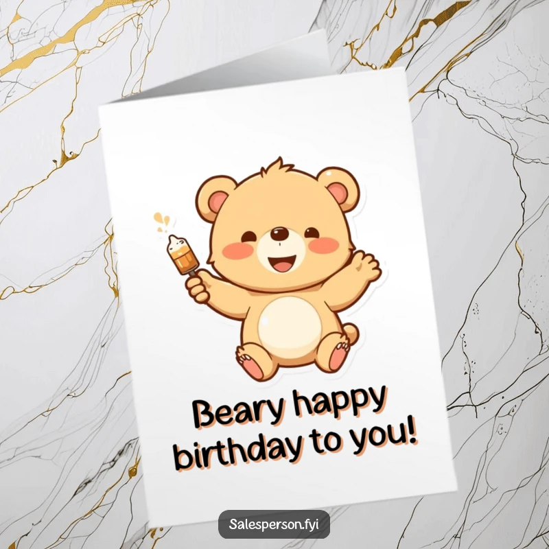 Funny Free Printable Birthday Card: A happy bear cub enthusiastically demonstrates a product with a grand flourish.