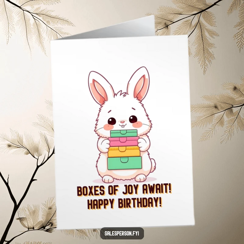 Funny Free Printable Birthday Card: Fluffy bunny happily presents a tower of colorful gift boxes, ready for a birthday bash.