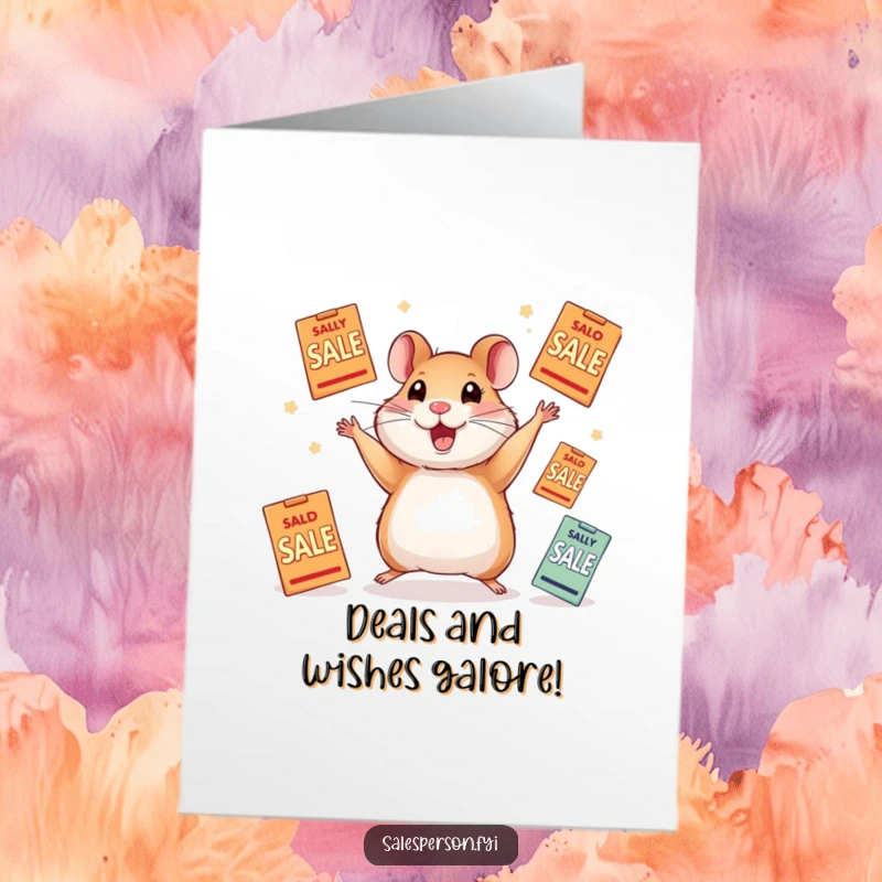 Funny Free Printable Birthday Card: A gleeful hamster enthusiastically juggles numerous colorful sale flyers with pure joy.