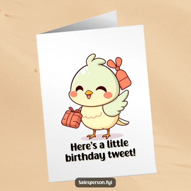 Funny Free Printable Birthday Card: A cheerful bird character handing over a small bundle with a smile, delivering joy.