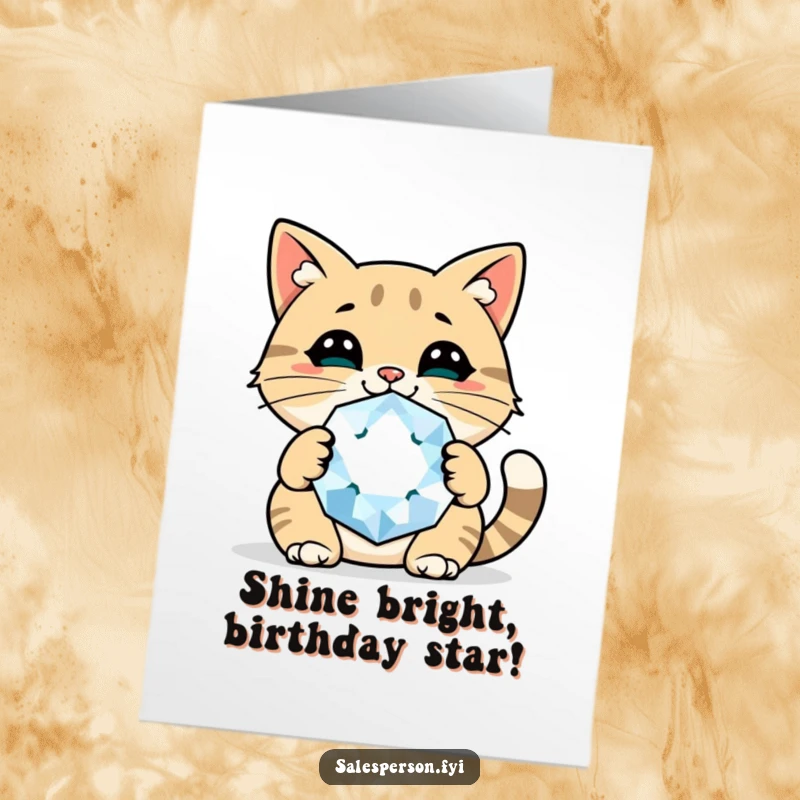 Funny Free Printable Birthday Card: Cheerful cat smiles confidently holding a giant, sparkly gem.