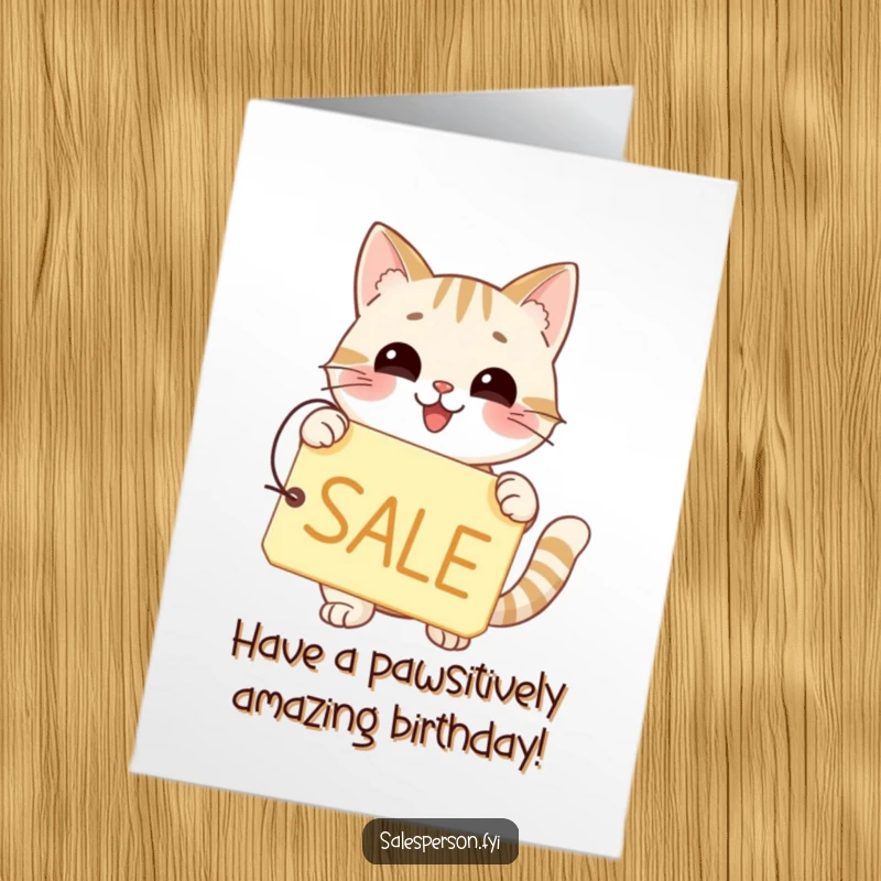 Funny Free Printable Birthday Card: A happy cat proudly displays a price tag with a large SALE sign.