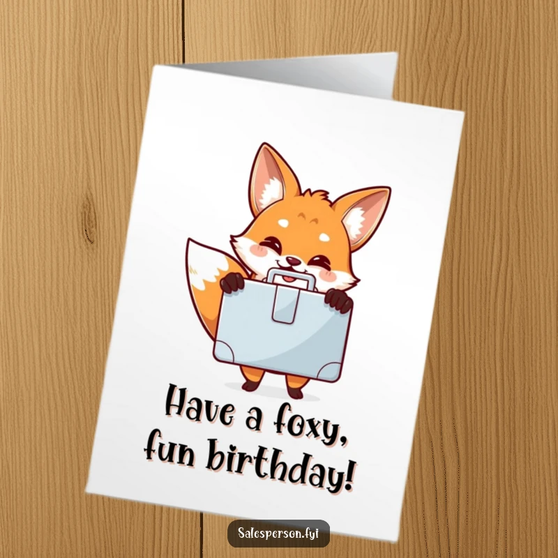 Funny Free Printable Birthday Card: A jovial fox beams while presenting a shiny briefcase, ready for celebration.