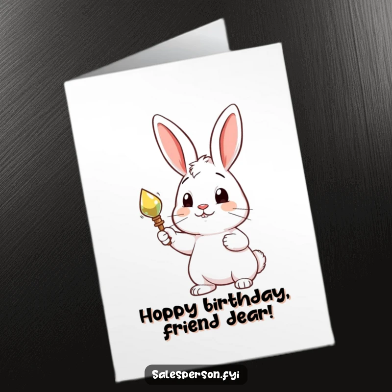Free Printable Birthday Card: A curious rabbit proudly presents a shiny, desirable object with a happy expression.