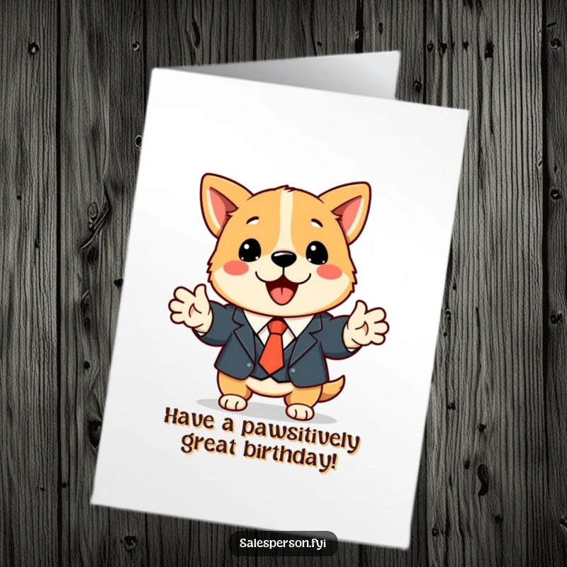 Funny Free Printable Birthday Card: Cute dog in a suit and tie enthusiastically shakes hands for a birthday.