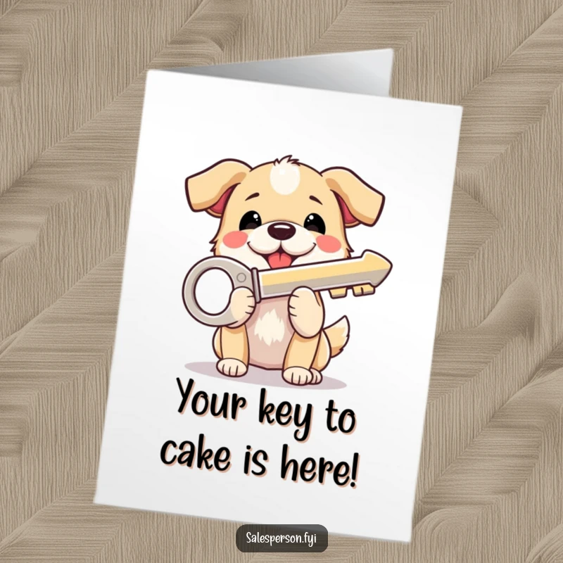 Funny Free Printable Birthday Card featuring a beaming dog proudly holding a giant shiny key, ready to unlock birthday fun.