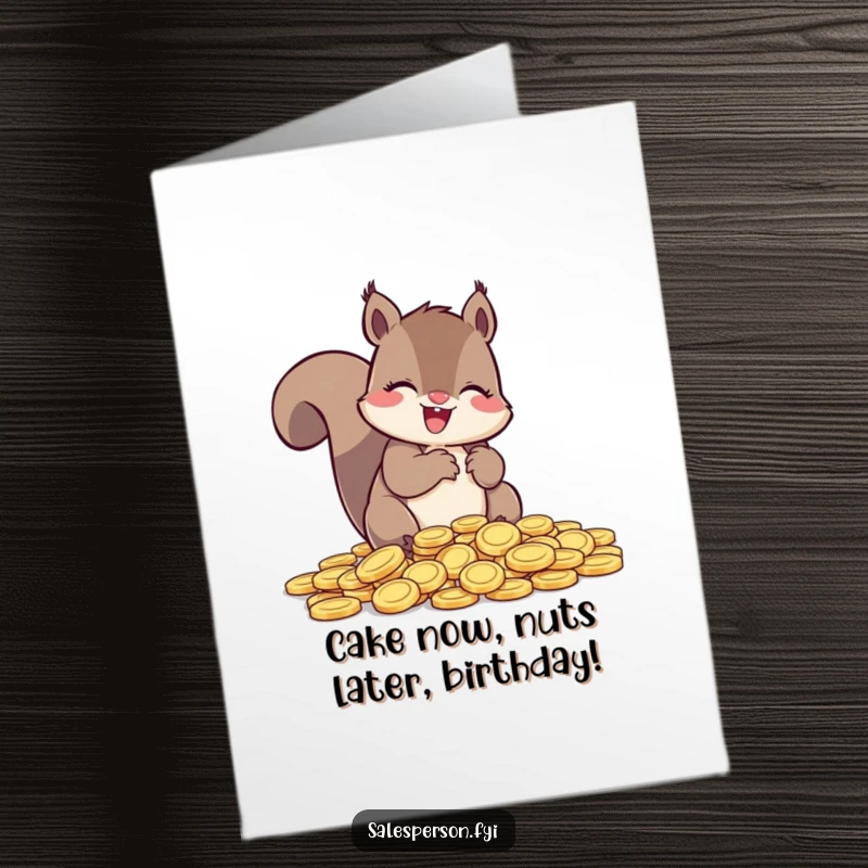 Funny Free Printable Birthday Card: Giggling squirrel joyfully counting a large pile of shiny gold coins.