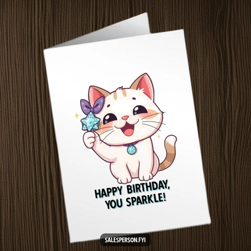 Funny Free Printable Birthday Card: A delighted cat proudly showing off a shiny, sparkly accessory with a stylish flourish.
