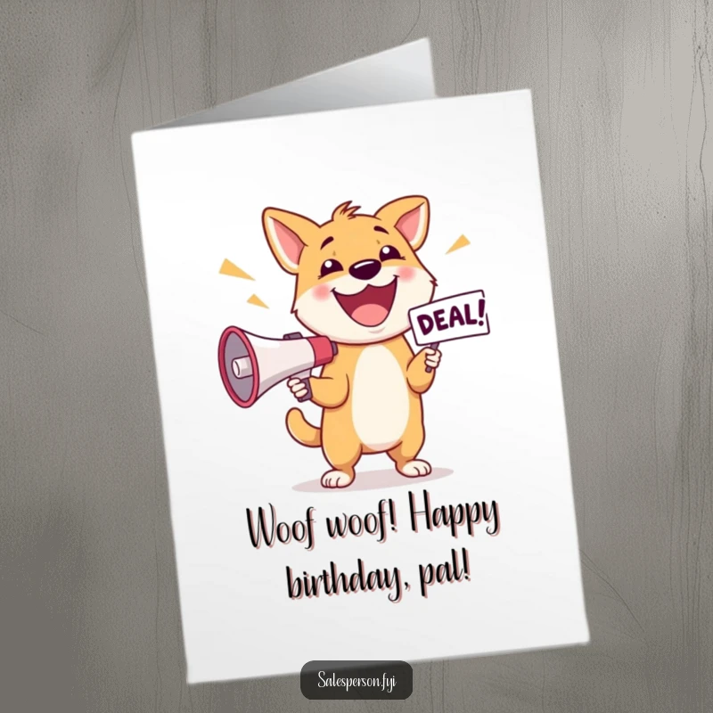 Funny Free Printable Birthday Card featuring a happy dog with a megaphone, shouting out a deal, a loud downloadable.