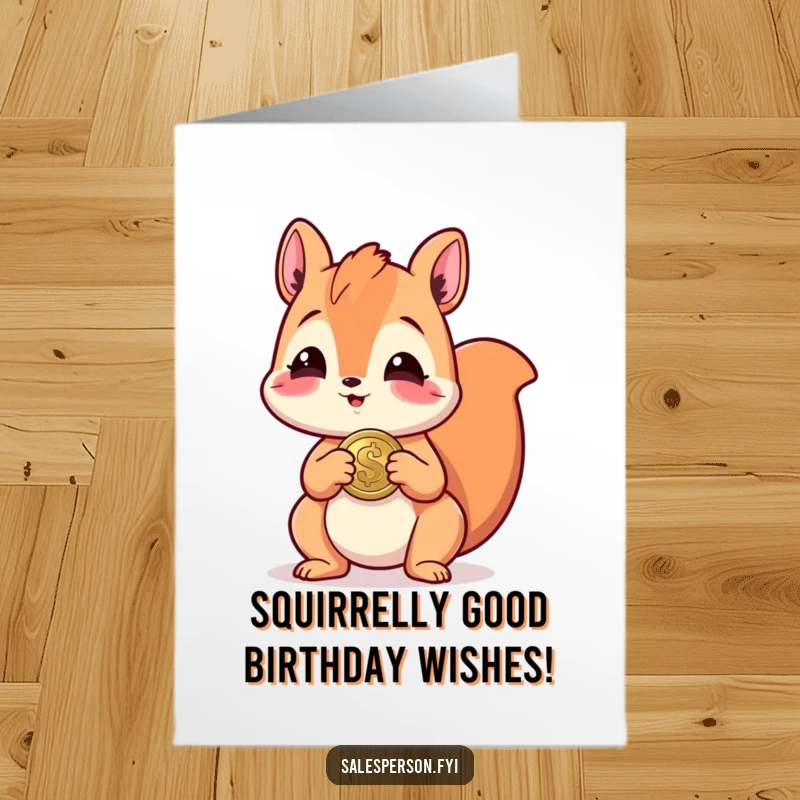 Funny free printable birthday card: A giggling squirrel enthusiastically offers a shiny coin, spreading joy and humor.