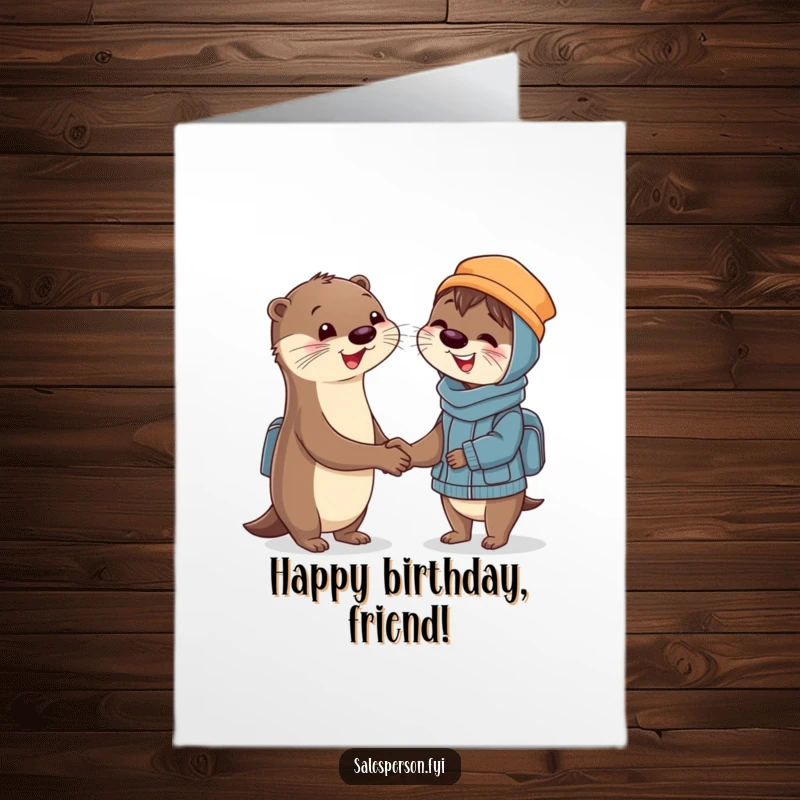 Funny Free Printable Birthday Card: A smiling otter enthusiastically shakes hands with a delighted customer. Perfect for a cheerful greeting.