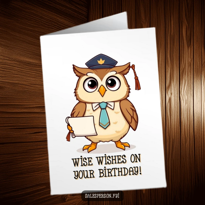 Funny free printable birthday card featuring a proud owl in a tie holding a diploma, ideal for celebrating academic milestones with humor.