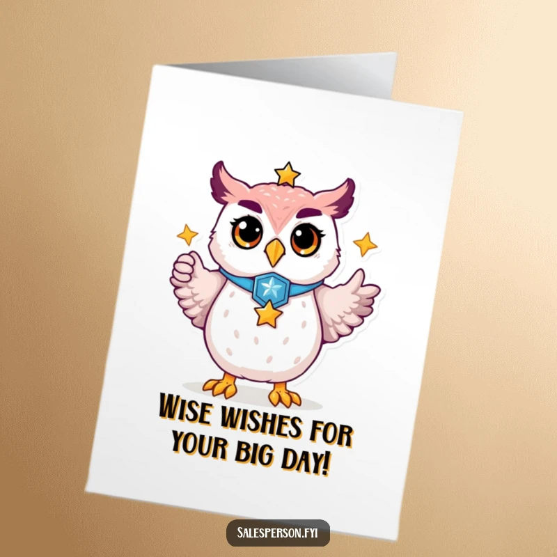 Funny free printable birthday card: A proud owl in a badge points to a golden star, celebrating success humorously.