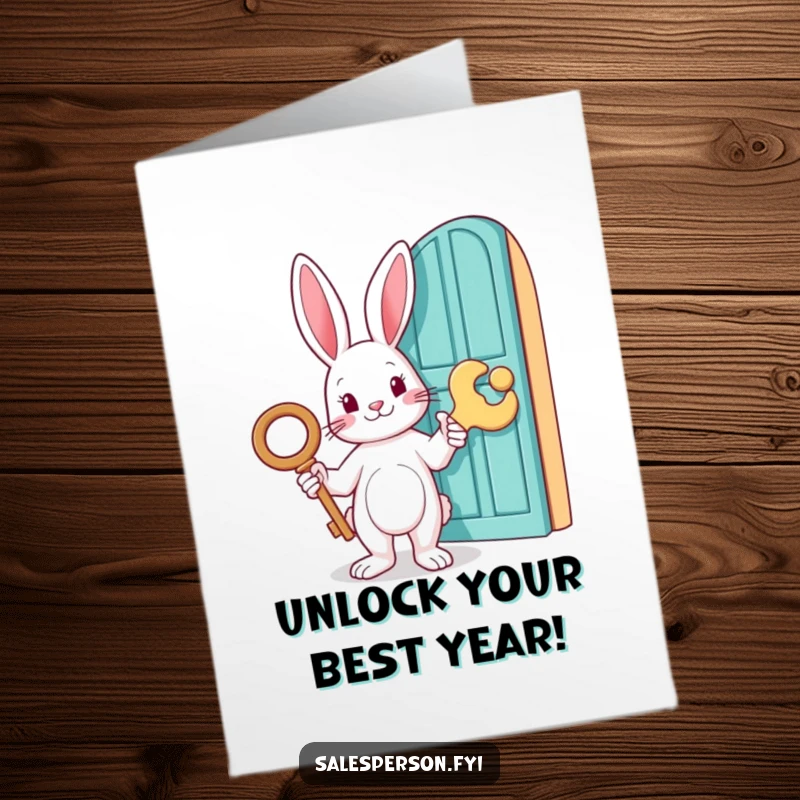 Funny Free Printable Birthday Card: A rabbit holds a large key, pointing to a door, symbolizing unlocking birthday fun, printable.