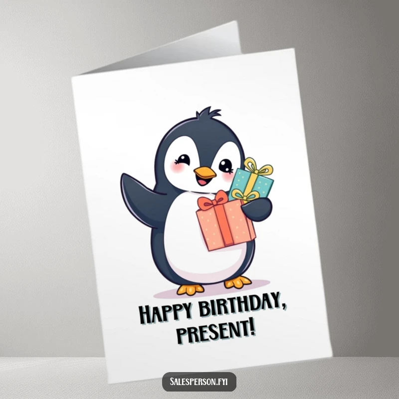 Funny Free Printable Birthday Card: A cheerful penguin offers a neatly wrapped gift with a mischievous twinkle in its eye.