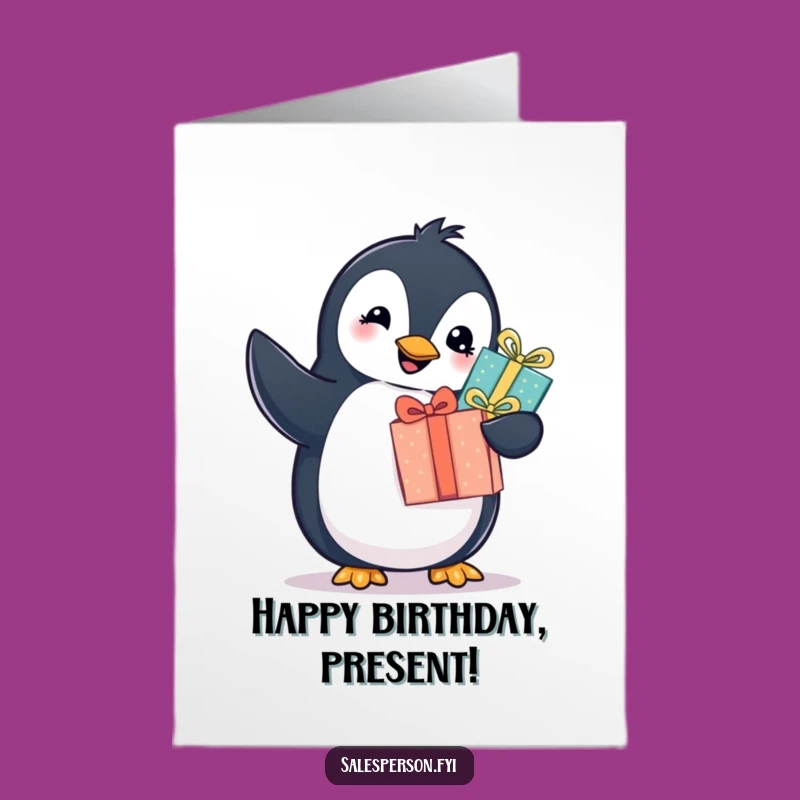 Free Printable Birthday Card: Penguin's Gift Surprise, Funny Downloadable