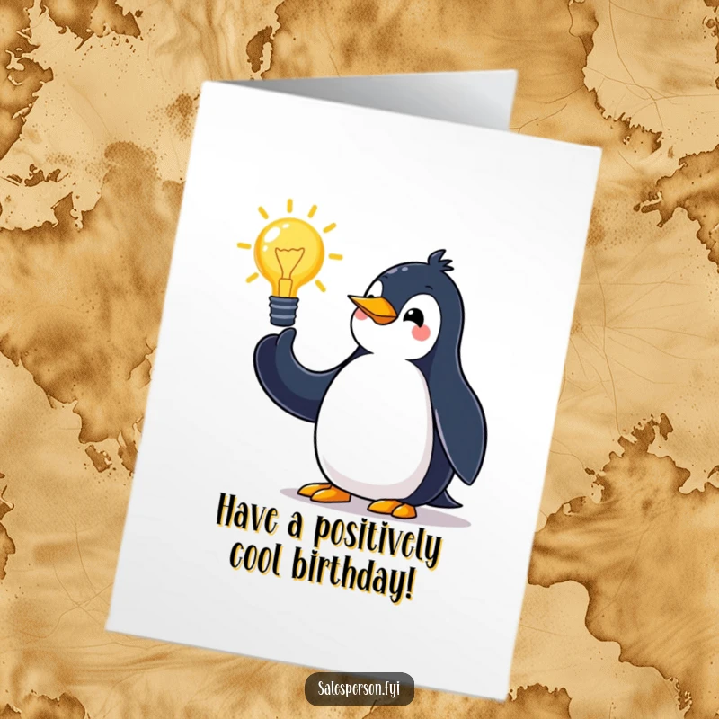 Funny free printable birthday card: A jovial penguin enthusiastically presents a brilliant new idea with elaborate arm gestures.