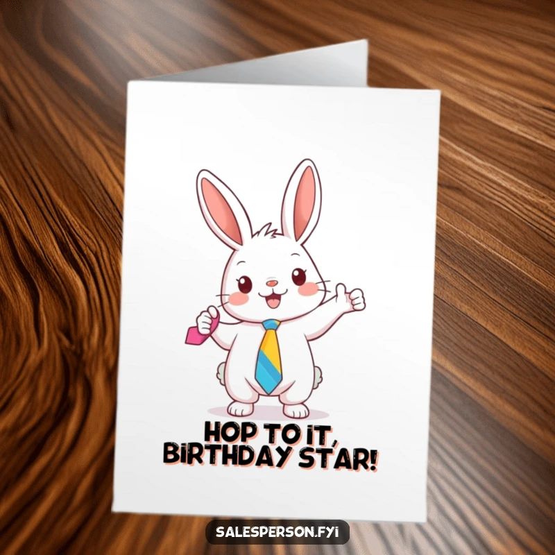 Funny Free Printable Birthday Card: A cute bunny excitedly holds up a colorful tie, ready to party.