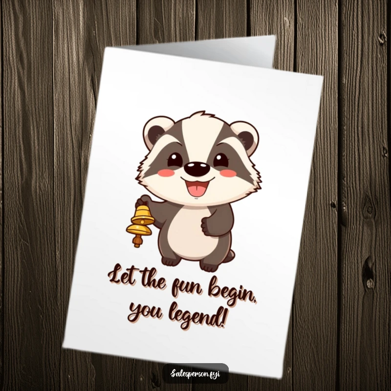 Funny Free Printable Birthday Card featuring a grinning badger enthusiastically ringing a bell for attention, perfect for any celebration.