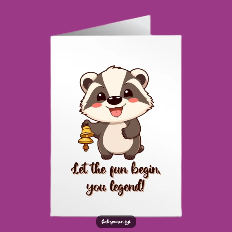 Free Printable Birthday Card: Cheerful Badger Bell Ringing Funny Downloadable Gift